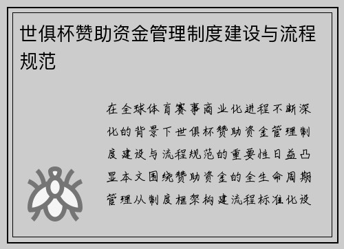 世俱杯赞助资金管理制度建设与流程规范